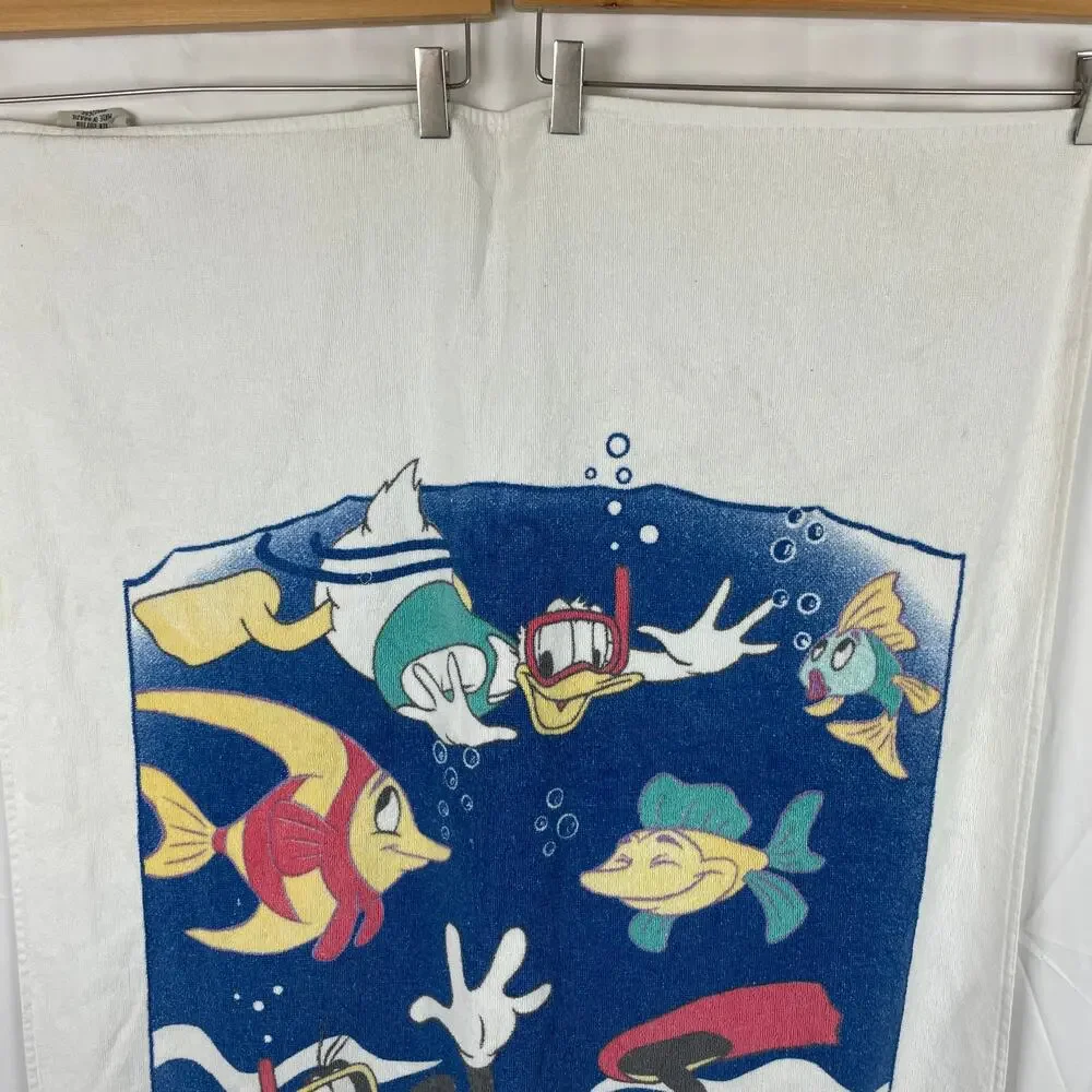 Disney Mickey Beach Towel Franco Vintage Pluto Fish Donald Duck Cotton 90s